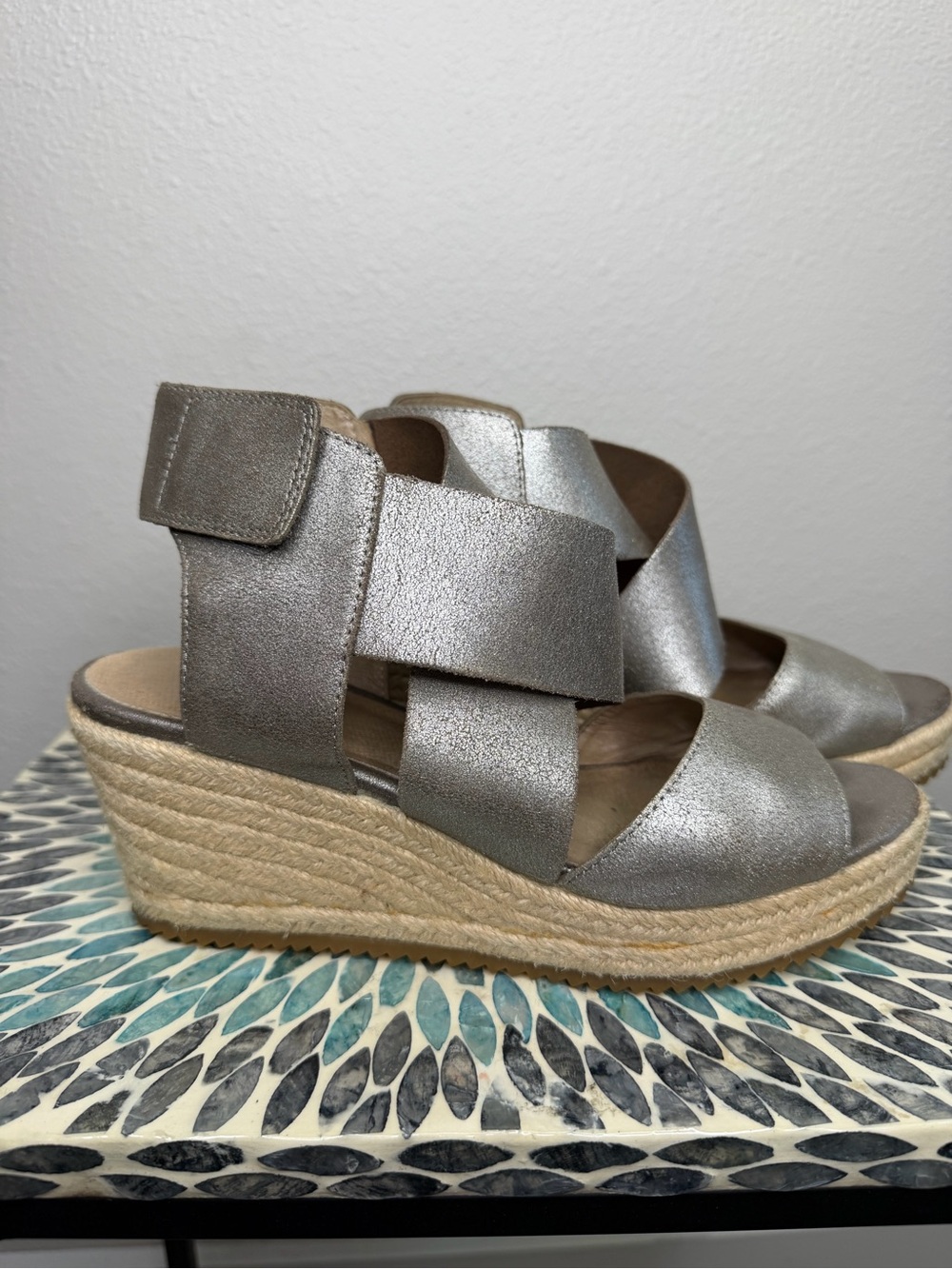 Eileen Fisher Silver Metallic Wedge Espadrille Sandals